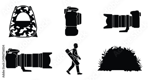 Professional wildlife photography gear silhouettes including telephoto camera, camouflage backpack, and nature observer, ideal for outdoor adventure marketing materials and informational