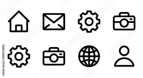 Minimalist black line web icons set, 8 essential UI vector elements, modern interface symbols for website navigation and mobile applications