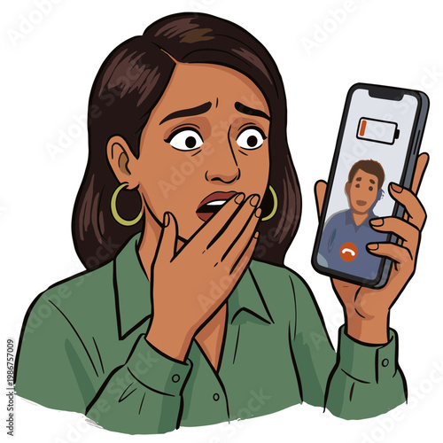 A woman reacts with surprise while looking at her phone.