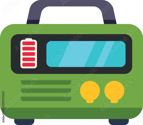 Compact green emergency radio with battery indicator and control knobs on a white background