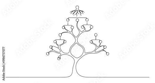 Continuous line drawing depicting a complex branching tree structure with interconnected nodes symbolizing growth, evolution, or a hierarchical system for conceptual presentations and