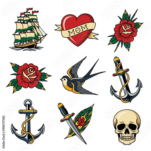 Traditional Tattoo Flash Sheet: Ship, Heart, Rose, Swallow, Anchor, Skull, Dagger