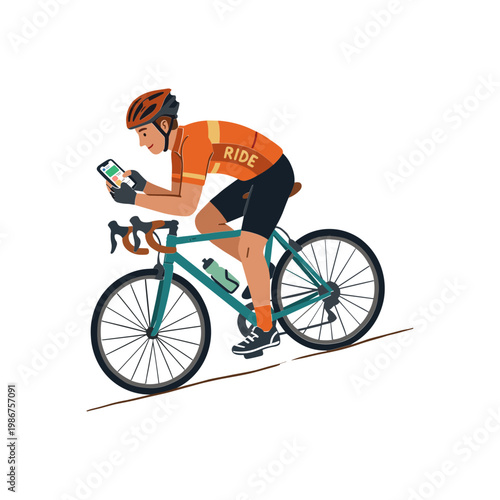 Cyclist riding bicycle while looking at phone on road in daytime
