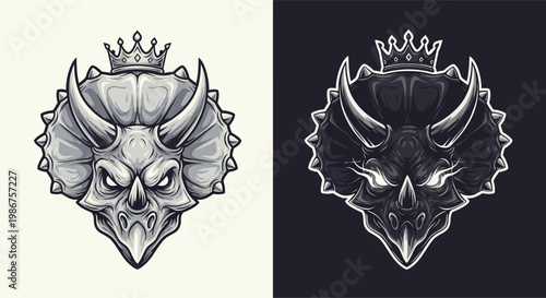 Detailed illustration of a crowned Triceratops head, presented in two contrasting styles, one light and one dark, with an aggressive and regal expression.