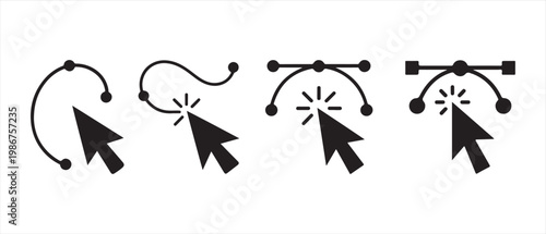 Vector path editing icons. illustrating bézier curve manipulation with cursor clicks.