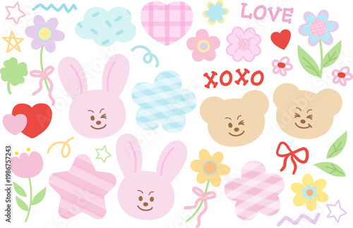 Cute pastel vector illustrations of bunny, teddy bear, flowers, cloud, heart, star for pet shop, zoo, stickers, cartoon, characters, comic, mascot, standee, blossom, animal happy expression, easter
