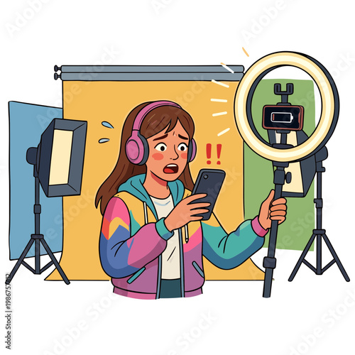 A young woman records a video with her smartphone and camera equipment in a studio.