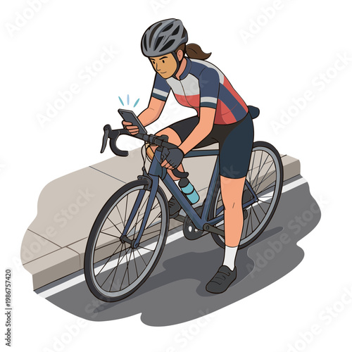 Woman riding bicycle on sidewalk while checking phone on road