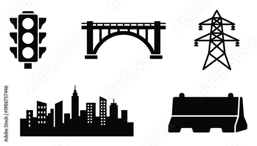Set of essential city infrastructure and transportation icons, including a traffic light, arch bridge, power transmission tower, urban skyline, and concrete road barrier, suitable for