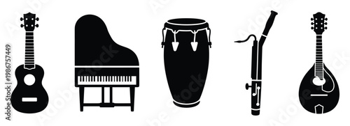 Musical instruments silhouettes featuring string, keyboard, woodwind, and percussion instruments for music school promotions, concert announcements, or educational resource visuals