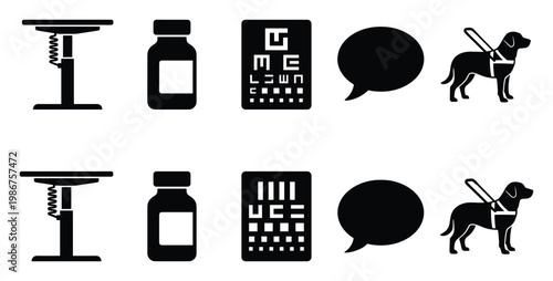 Collection of essential healthcare and accessibility icons showing an adjustable table, medicine bottle, eye chart, speech bubble, and guide dog, useful for medical services and information