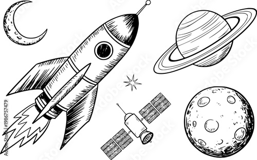 Hand-drawn space rocket, planets, moon, satellite, and star white background
