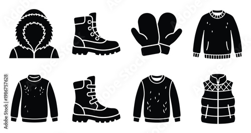 Collection of black silhouette icons representing essential winter apparel and footwear for cold weather protection and seasonal activity equipment for various digital applications