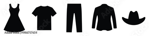 Collection of essential clothing item silhouettes including a dress, tshirt, pants, long sleeve top, and a hat, perfect for fashion related ecommerce platforms and graphic design templates