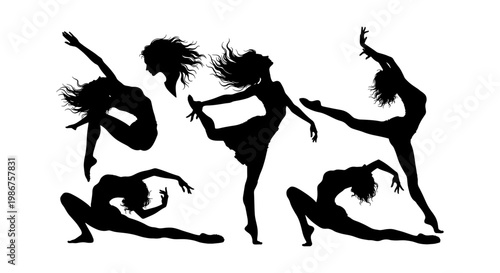 Graceful dancer silhouettes set, 6 black female ballet and contemporary dance figures, expressive woman performer poses in vector format