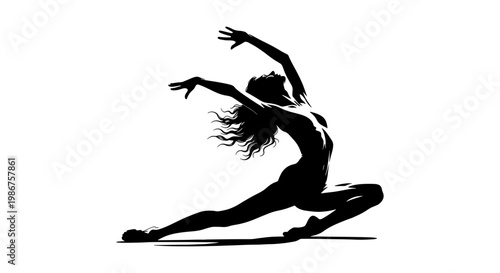 Dynamic ballerina silhouette vector, graceful female dancer in expressive pose, black ink style ballet performer, artistic contemporary dance illustration