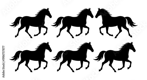 Galloping horse silhouette collection, set of 6 running stallion vector icons, black equine animal shapes on white background