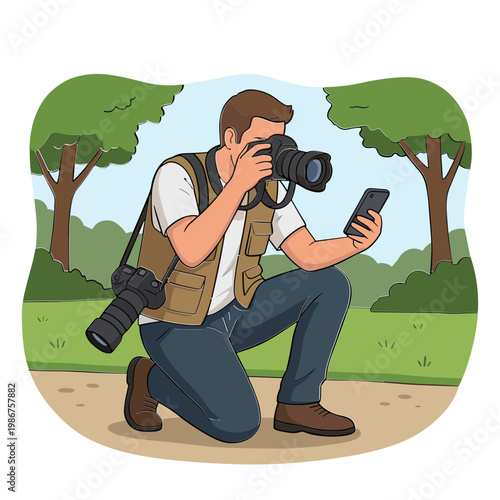 Man kneeling outdoors taking photos with camera and phone in nature landscape