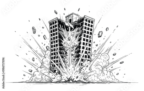 Dynamic exploding building line drawing showing a powerful disaster and structural collapse, perfect graphic element for action sequences or impact visuals