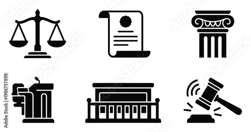 Comprehensive collection of legal and justicerelated symbols including scales, court document, column, podium, bench, and gavel ideal for legal services marketing and educational materials