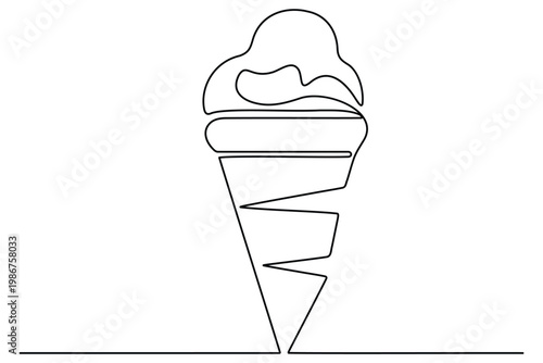 Minimalist continuous line of an ice cream cone on a white background, dessert food sweet