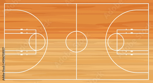 A basketball court with white lines on wood.