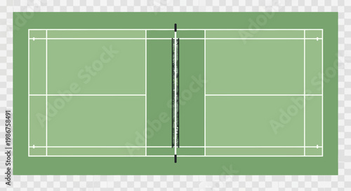Top View Green Badminton Court with White Lines and Net on Transparent Background