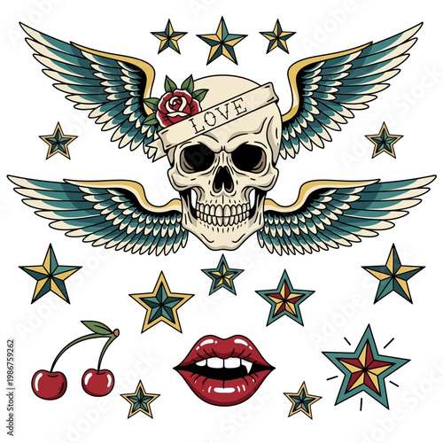 Winged Skull Tattoo Design with Stars, Cherries, and Lips