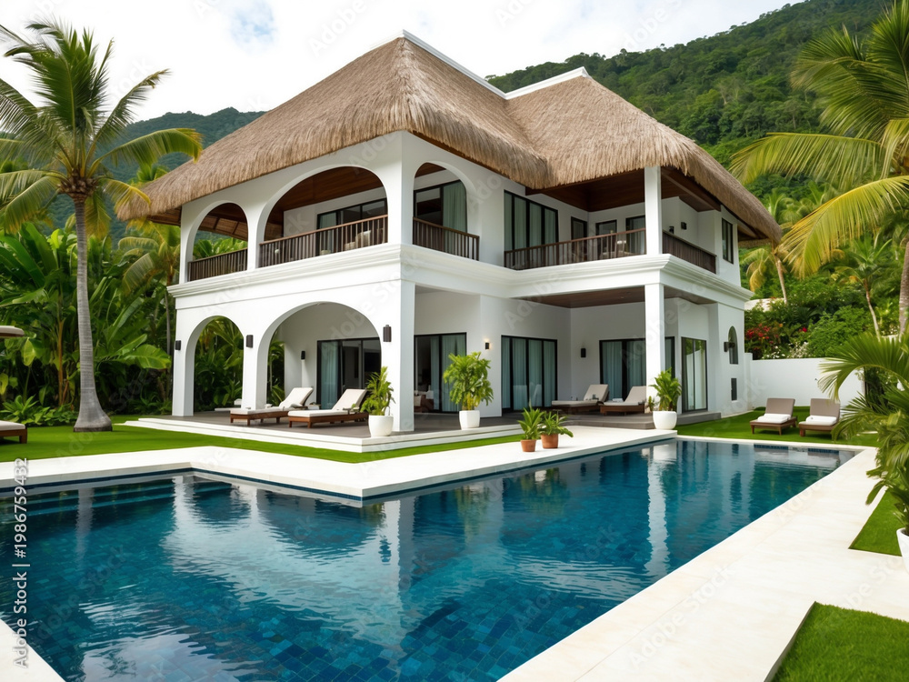 Fototapeta premium Luxurious Villa Retreat Tropical Paradise Real Estate Photography Outdoor Oasis Scenic View Relaxation Concept