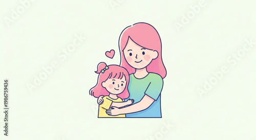 Mother and daughter sharing a warm hug with love and care in a cute illustration