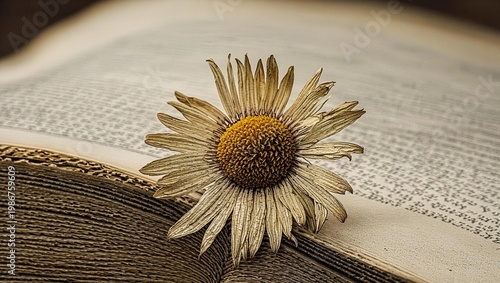 Daisy pressed flat Dried chamomile flower on open vintage book with soft bokeh background