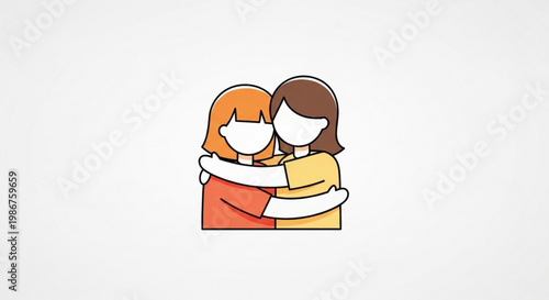 Two women hugging each other in a warm embrace showing friendship and affection with orange and brown hair smiling on a white background