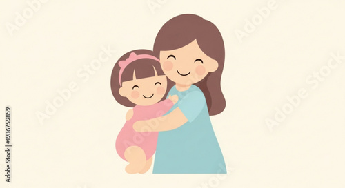 Mother and little girl hugging smiling cartoon style illustration warm and cozy family love concept