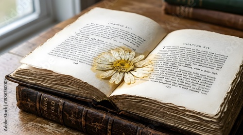 Daisy pressed flat Open antique book with white daisy flower on wooden table soft natural light