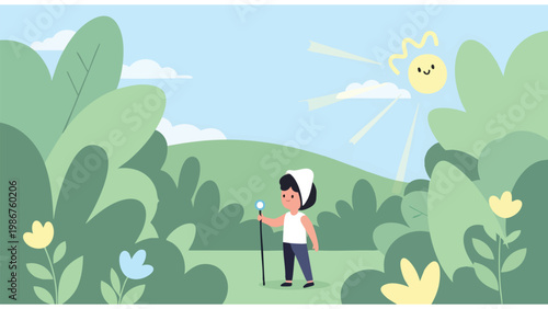 Child Exploring Nature with Stick, Sunny Day Outdoor Adventure Illustration