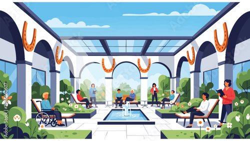 Modern Senior Living Courtyard: Assisted Living, Community, Relaxation