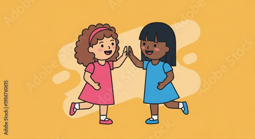 Two diverse young girls giving high five smiling and running together on yellow background