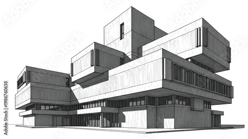 A black and white architectural drawing of a modern building with many rectangular blocks and windows isolated on white background.