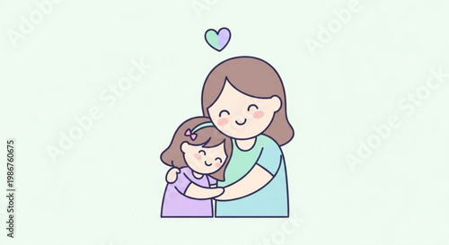 Mother hugging little girl with love heart above them
