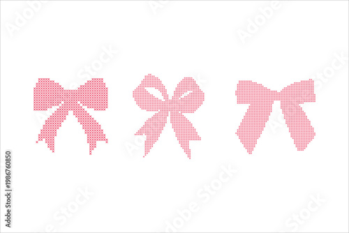Pink cross stitch bow set, embroidery ribbon icons in pixel stitched style isolated on white