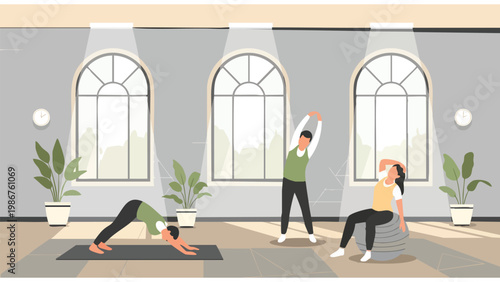 Fitness Class Interior, Yoga Studio Workout, Wellness Center Activity