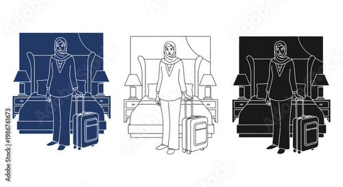 Businessman silhouette icon illustration with suitcase in hotel room