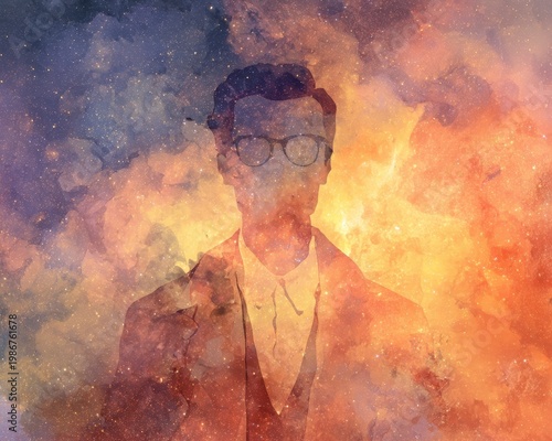 Cosmic Portrait of a Man Emerging from Colorful Nebulae Background