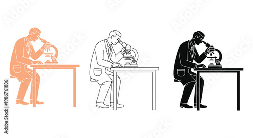 Scientist microscope illustration set in different colors and styles for laboratory use