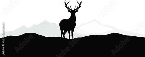Deer Silhouette Standing on Mountain Hill with Antlers