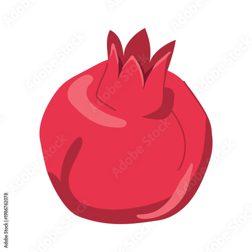 A whole fresh pomegranate in a flat style. Vector illustration of a juicy red pomegranate. Fresh Iranian fruit lying on a table. Clipart for juice. Fragrance in perfumes and cosmetics.