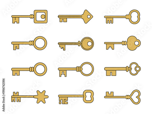 Set of golden vintage keys, house lock opening tools for security and success concept icons