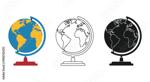 Globe illustration set with colorful, line, and black vector earth models