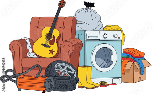 Household clutter and junk pile vector, pile of old furniture and used appliances, garage sale items with guitar and washing machine