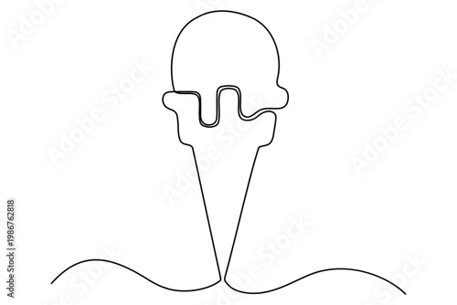 Single line of melting ice cream cone on white background, single line continuous line